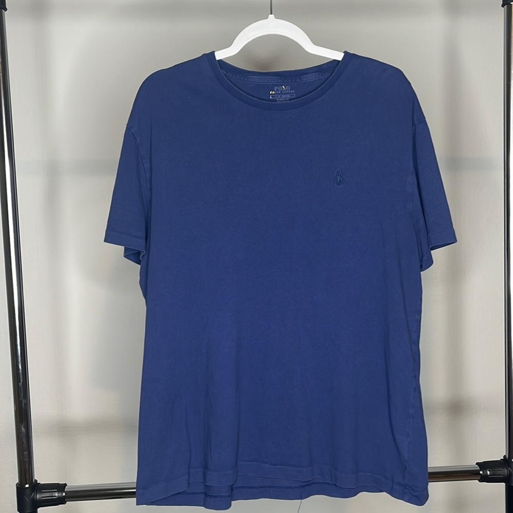 Plain Blue Polo Ralph Lauren Shirt. Wear on the inside neck label.